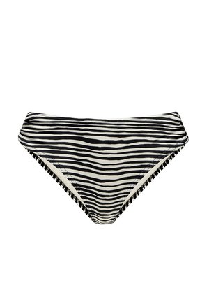 Spód bikini w czarno-białe paski zebry o klasycznym kroju, ułożony płasko na białym tle.