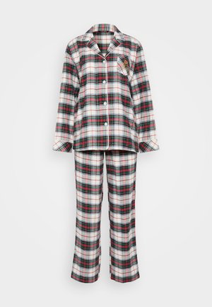 Rutet pysjamasett i grønn, rød og hvit. Langermet topp med knappestolpe og lomme; matchende bukser med bred ben. Mykt bomullsmateriale.