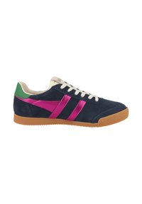 Navy suede sneaker with pink and green accents, featuring two pink stripes, white laces, and a textured gum rubber sole.