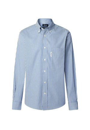 Camicia a maniche lunghe a righe verticali blu e bianche con colletto abbottonato e taschino sul petto, su uno sfondo bianco.