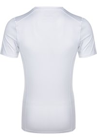 Kortärmad, vit sporttröja i slät, elastisk tyg. Har en hög halsringning och platta sömmar för komfort. Baksidan är enkel.