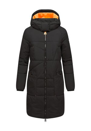 Black padded long coat with an orange-lined hood, featuring a full front zipper, two side pockets, and diagonal stitching details.