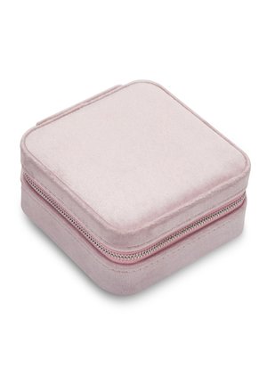 Pink velvet jewelry case with a soft texture, square shape, rounded edges, and a silver zipper detailing along the edge.