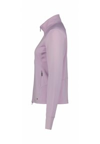 Hellviolette Reißverschlussjacke mit hohem Kragen, langen Ärmeln und Seitentaschen. Glatte Textur mit entspannter Passform und minimalen Akzenten.
