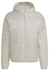 Giacca a vento leggera color crema, con cappuccio, motivo trapuntato orizzontale, zip frontale e due tasche laterali.