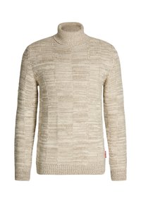 Kremowy sweter z golfem o strukturze wzoru, z prążkowanymi mankietami i obrębem, wykonany z miękkiego dzianinowego materiału.