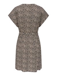 Melnas kleitas ar īsām piedurknēm un bēša lapu rakstu, ar sašaurinātu vidukli, attēlots no aizmugures.