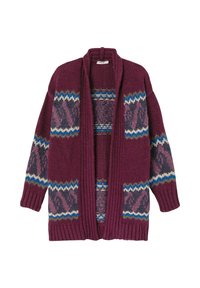 Cardigan en maille marron foncé avec une coupe ample, un devant ouvert et des motifs géométriques colorés en bleu et gris le long des manches et du corps.