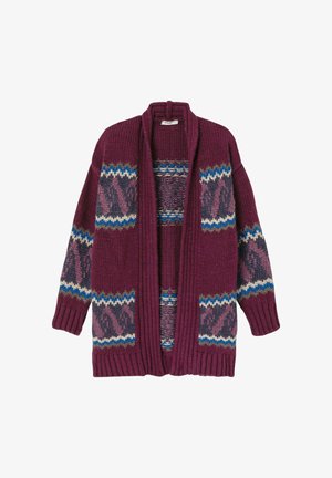 Cardigan en maille marron foncé avec une coupe ample, un devant ouvert et des motifs géométriques colorés en bleu et gris le long des manches et du corps.