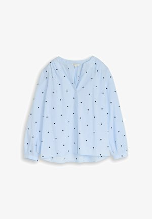 Hellblaue Bluse mit langen Ärmeln, kleinen schwarzen Herzmustern, rundem Halsausschnitt und durchgehender Knopfleiste.