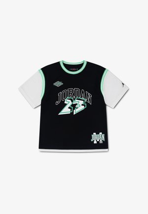 Black and white short-sleeve Jordan T-shirt with green trim, featuring "Jordan 23" text and logo on front and sleeve.