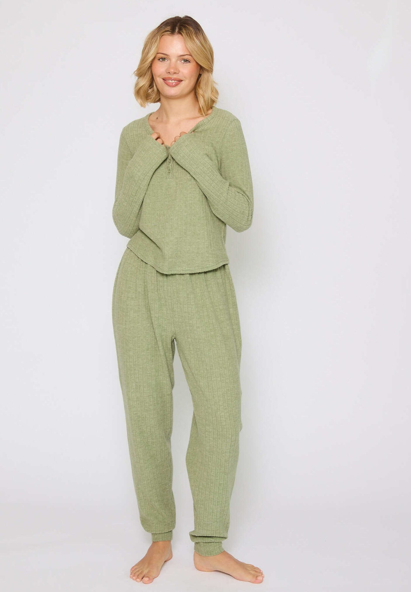 Loungeable HENELY BRUSHED RIB LONG SLEEVE SET Pigiama khaki