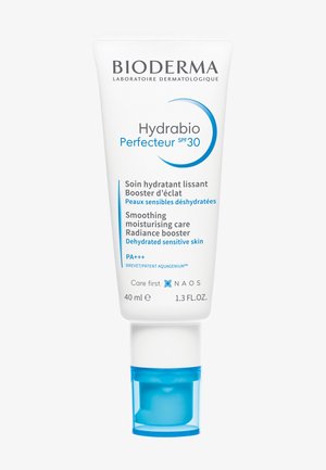 Bioderma Hydrabio Perfecteur SPF 30 in a 40 ml white tube. Features blue accents and a pump dispenser. Text in multiple languages on the label.