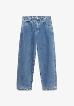 Blue denim jeans with a straight-leg cut, five pockets, visible stitching, and a button fly. Material has a slightly faded texture.