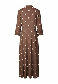 Brązowa sukienka maxi w groszki z rękawami do połowy przedramienia i kołnierzykiem. Posiada dopasowaną talię i zwiewną spódnicę dla luźnego fasonu.