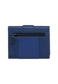 Portafoglio blu navy con finitura in tessuto texturizzato, caratterizzato da una tasca con cerniera e un dettaglio in pelle liscia. Design rettangolare compatto.