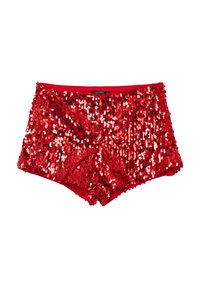 Red sequin shorts with a smooth waistband, featuring multiple shiny sequins covering the entire surface, creating a textured, reflective look.