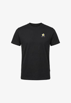 Črna kratka majica s kratkimi rokavi z majhnim vezenim ocvrtim jajcem in napisom "Eggstra Smile" na levi strani prsnega koša.