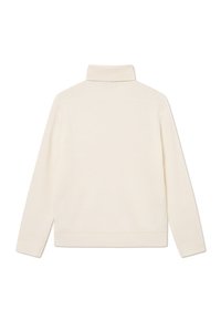 Cream-colored ribbed sweater with a high collar, long sleeves, and a relaxed fit. Seamless design with no visible hardware or accents.