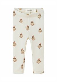 Kremowe legginsy dla malucha z drobną strukturą, z powtarzającym się wzorem małych, vintage'owych twarzy klaunów noszących czerwone czapki.