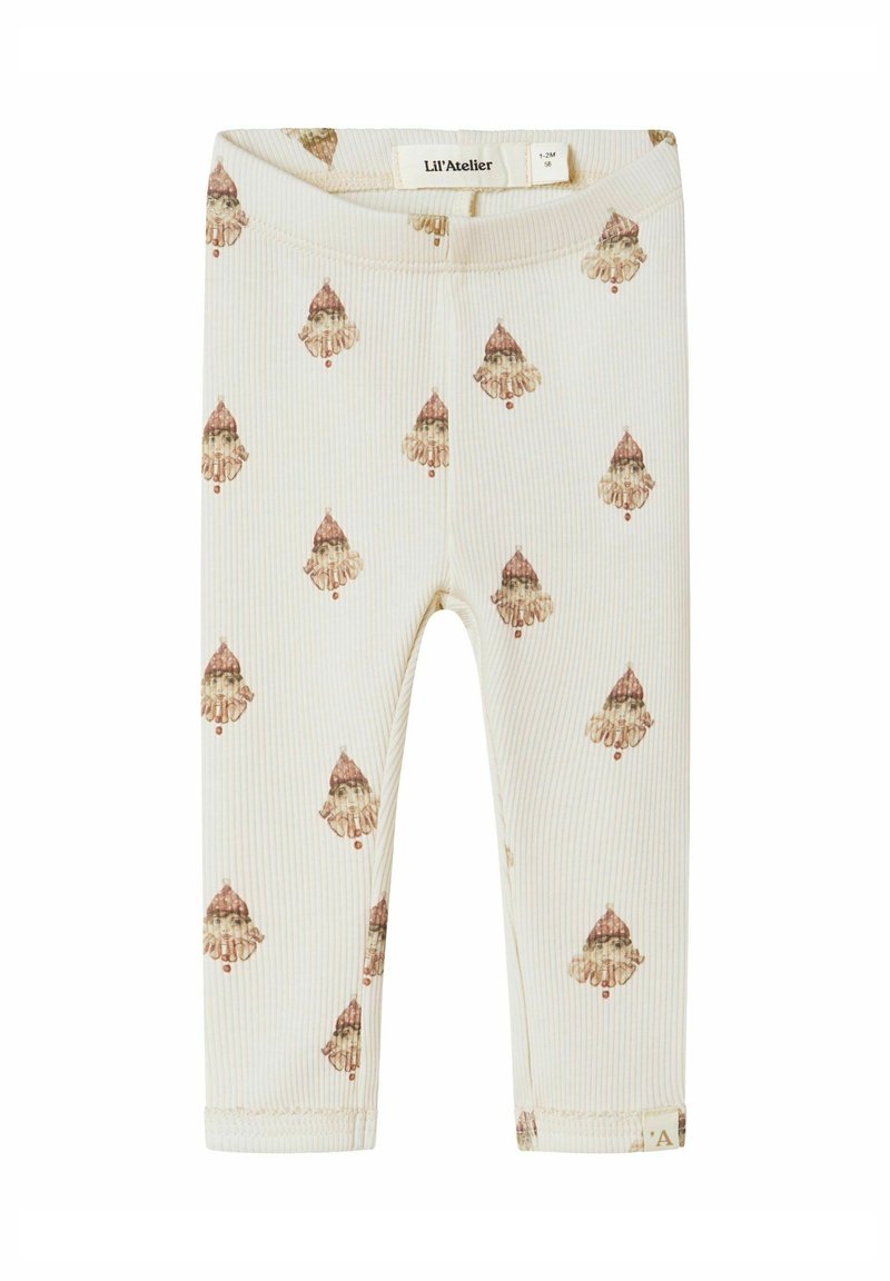 Kremowe legginsy dla malucha z drobną strukturą, z powtarzającym się wzorem małych, vintage'owych twarzy klaunów noszących czerwone czapki.