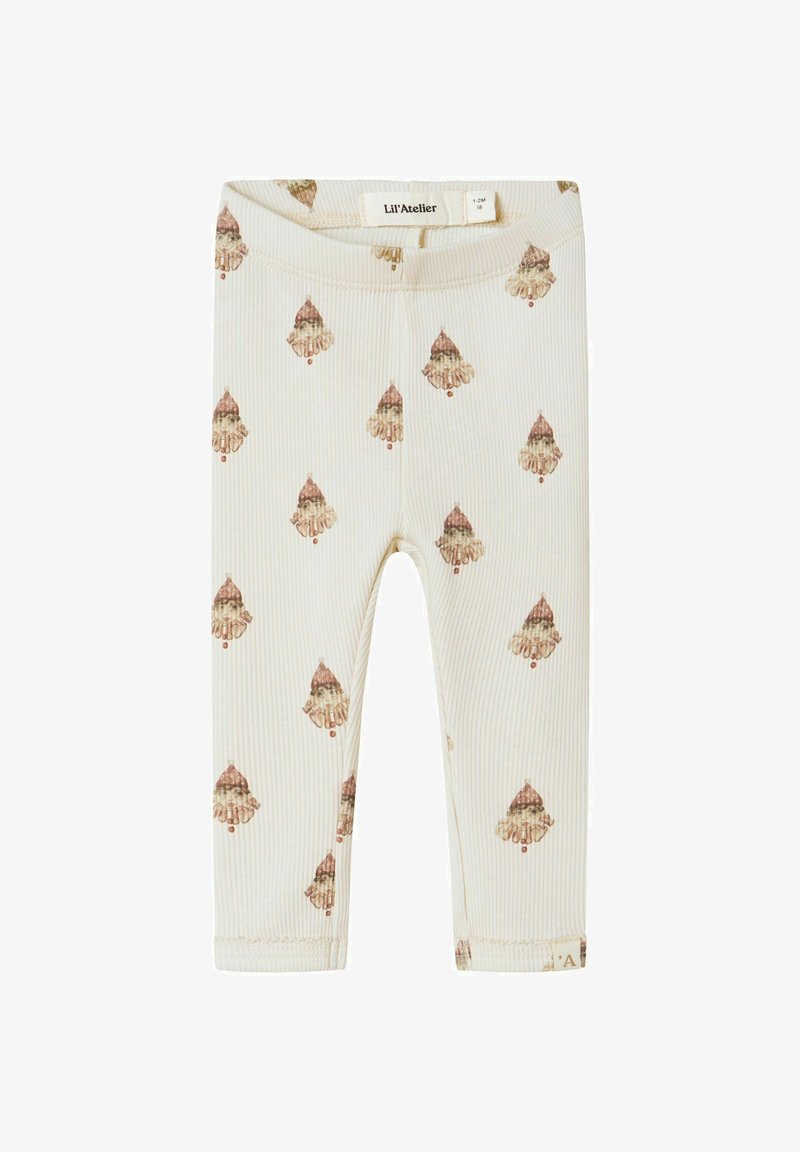 Kremowe legginsy dla malucha z drobną strukturą, z powtarzającym się wzorem małych, vintage'owych twarzy klaunów noszących czerwone czapki.