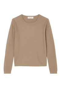 Beige langermige trui met een ronde hals, gemaakt van gestructureerd breimateriaal, met een relaxte pasvorm en minimale ontwerpdetails.