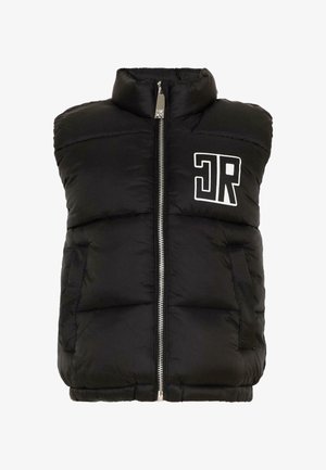 Gilet imbottito nero con zip frontale, collo alto, tasche laterali e logo bianco stilizzato "JR" sul petto a sinistra.