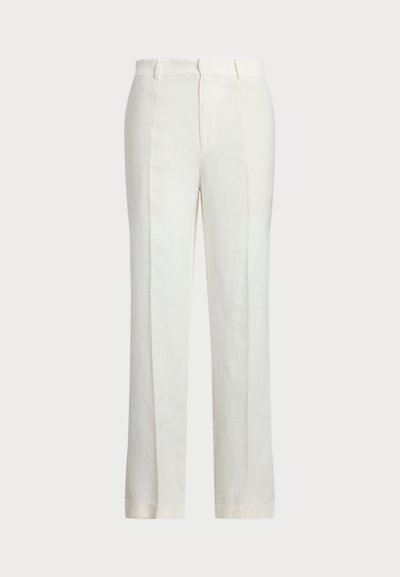 Biele ľanové nohavice s rovnými nohavicami, so plochým predným dielom, dvoma bočnými vreckami a jemne textúrovanou tkaninou.