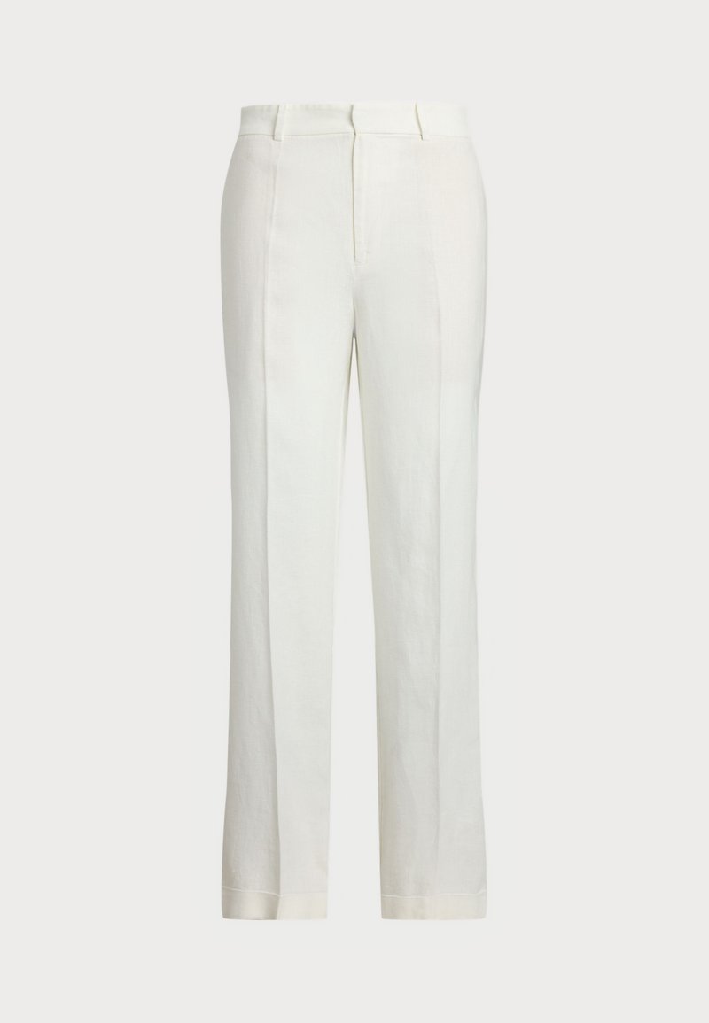 Valged linased püksid sirge jala disainiga, millel on lame esiosa, kaks külgtaskut ja peene tekstuuriga kangas.