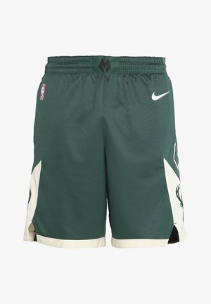 Calções de basquetebol verdes com um design em malha, detalhes brancos, logo da NBA e um emblema preto na cintura.