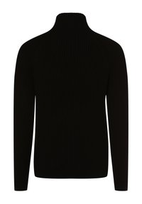 Black ribbed sweater with a high neck and long sleeves, featuring a textured knit design and a fitted silhouette.