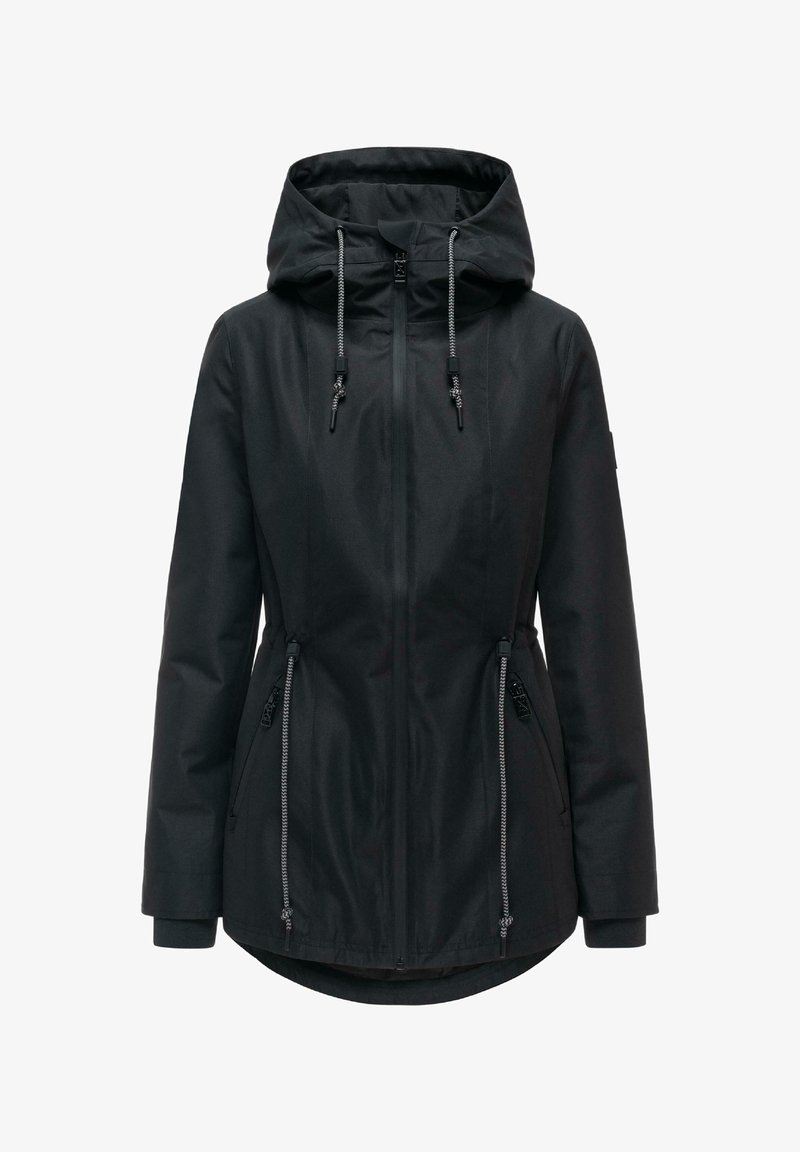 Chaqueta con capucha para mujer negra con cremallera frontal, cordones ajustables en la capucha y la cintura, bolsillos laterales con cremallera y mangas largas.