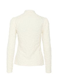 Elfenbeinfarbene Bluse mit langen Ärmeln, einem strukturierten, wellenförmigen Muster und einem hohen Kragen. Glattes Material mit einer taillierten Silhouette und ohne sichtbare Verschlüsse.