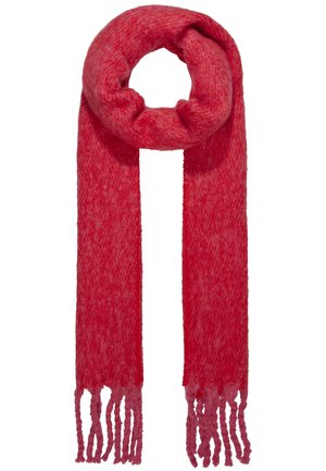 Écharpe rouge en tricot doux avec une boucle en haut et des extrémités à franges suspendues, affichée sur fond blanc.