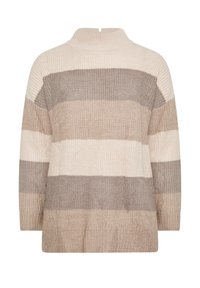 Sweter dzianinowy w poziome paski w odcieniach beżu, kremu i brązu. Wysoki kołnierz z rozcięciem z tyłu, luźny krój i teksturowane wykończenie.