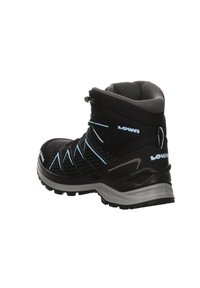Black hiking boot with mesh and synthetic upper, featuring light blue accents, a cushioned collar, and a rugged tread sole for traction.