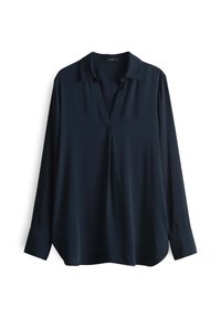Blusa a maniche lunghe blu navy con scollo a V, realizzata in tessuto morbido. Presenta una vestibilità comoda e polsini con chiusura a bottone.