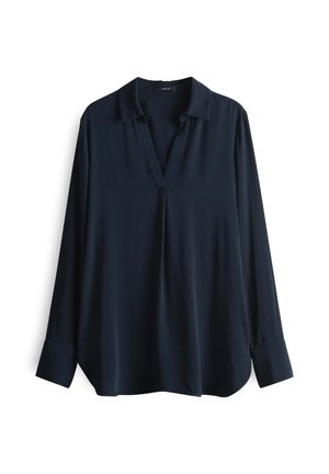 Navyblauwe blouse met lange mouwen en een V-hals, gemaakt van gladde stof. Heeft een comfortabele pasvorm en mouwen met knoopsluiting.