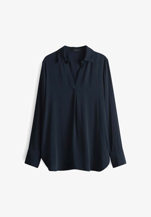 Blouse à manches longues bleu marine avec un col en V, en tissu smooth. Présente une coupe décontractée et des poignets avec fermetures à boutons.