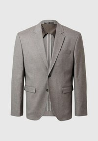 Grå, texturerad blazer med två framfickor, notch-lapeller och en enkel knäppning. Fodrad insida i en kontrasterande färg.