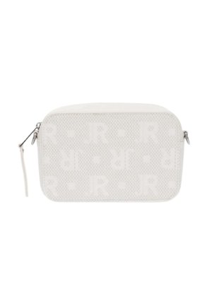 Pochette bianca con texture, lettere in rilievo, cerniera argentata e forma rettangolare snella. Adatta per cosmetici o piccoli oggetti.