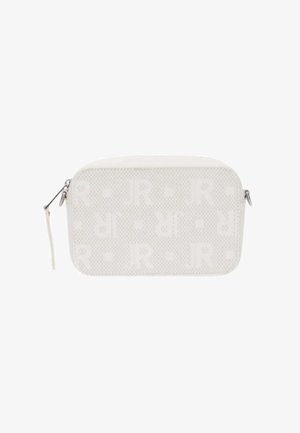 Pochette bianca con texture, lettere in rilievo, cerniera argentata e forma rettangolare snella. Adatta per cosmetici o piccoli oggetti.