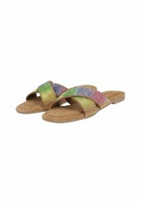 Slide sandals with a tan suede footbed and two cross straps featuring a gradient of rainbow-colored rhinestones. Flat sole design.