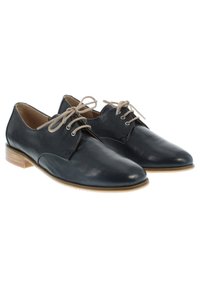Scarpe di pelle blu scuro con punta rotonda, lacci beige e tacco in legno basso. Texture liscia e design minimalista.