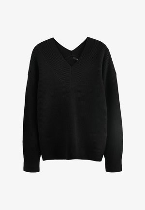 Fekete bordázott kötött pulóver V-kivágással és leengedett vállakkal. Lazább szabású és texturált anyagú. Nincsenek látható fémrészek vagy minták.