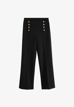 Svarta vida byxor i slätt tyg, med gyllene dekorativa knappar framtill för extra detalj.