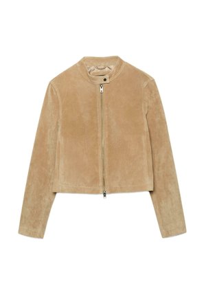 Světlé hnědé semišové sáčko s dlouhými rukávy, předním zipem a límcem na druky, zobrazené na rovném bílém pozadí.