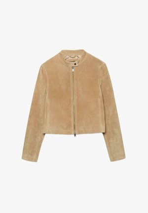 Světlé hnědé semišové sáčko s dlouhými rukávy, předním zipem a límcem na druky, zobrazené na rovném bílém pozadí.