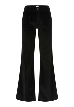 Black corduroy flared trousers featuring a high waist, front button closure, and subtle ribbed texture. Loose-fit design with wide legs.